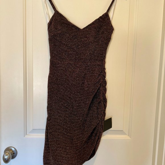 *NWT* (XS) Lulu's Iconic Angles Bronze Lurex Ruched Bodycon Mini Dress - Picture 6 of 8